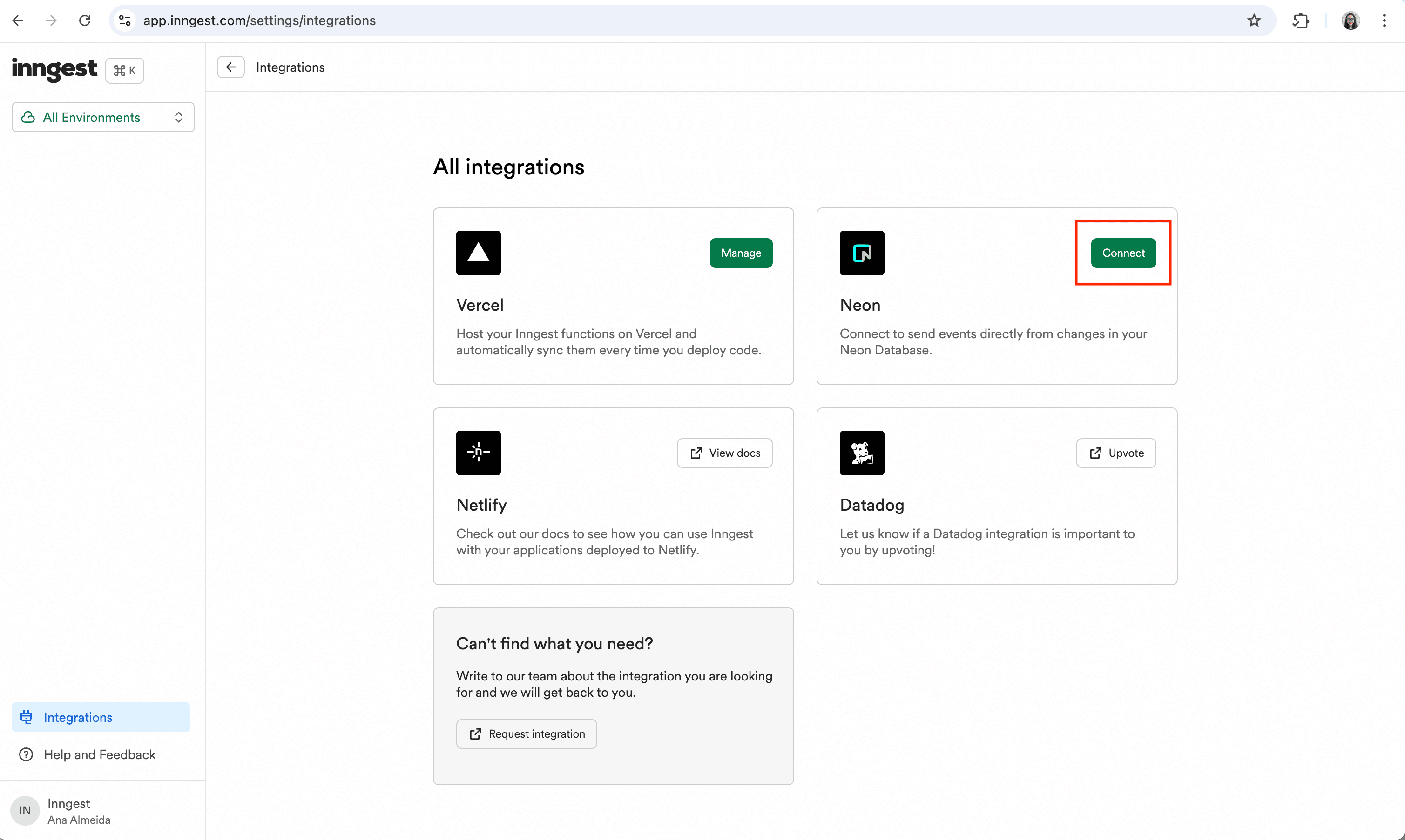 Neon integration card inside the Inngest integrations page