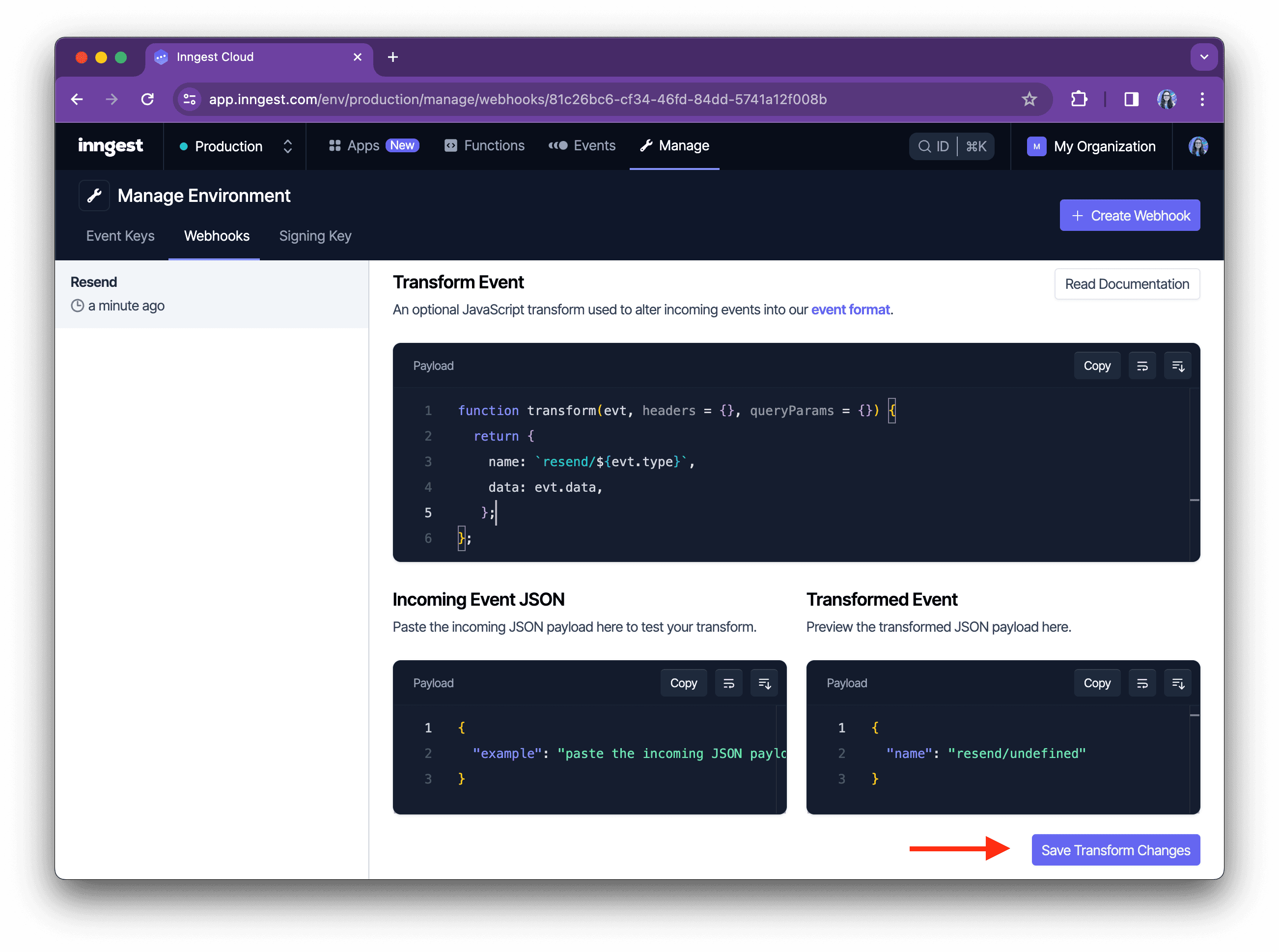 A webhook page on Inngest Cloud featuring Transform Event view.