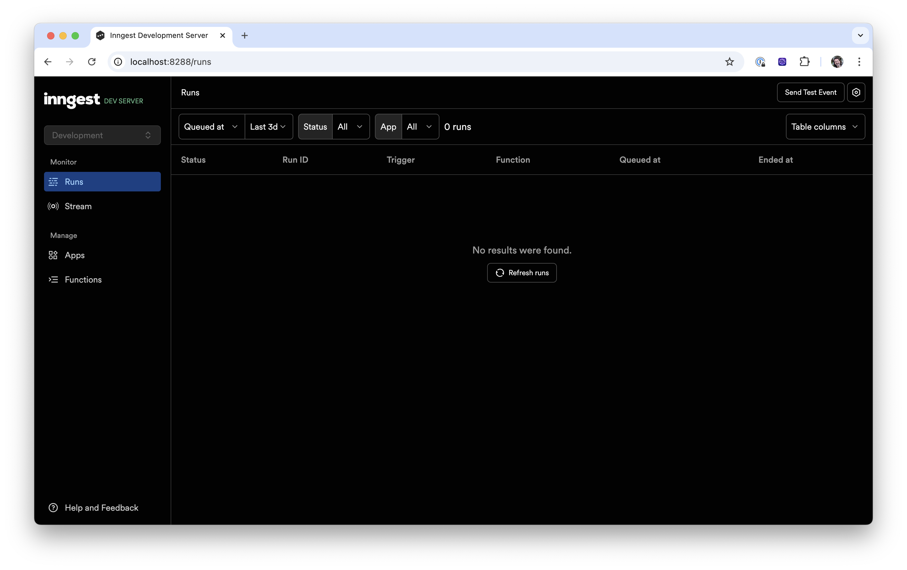 Inngest Dev Server's 'Runs' tab with no data